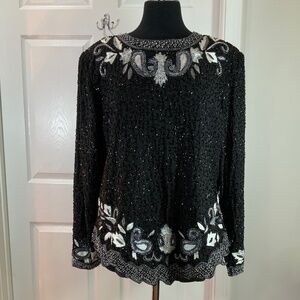Drapers & Damons Beaded Sequin Silk Black Evening Holiday Top Size 1X
